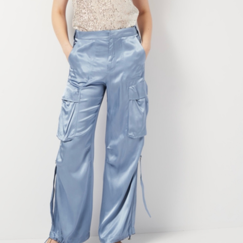 Zara Blue Wide Leg Pants with Satin Finish